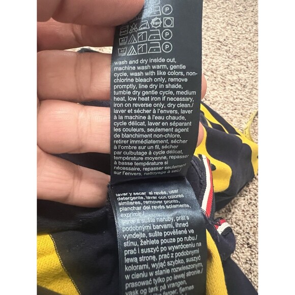 Tommy Hilfiger Polo Shirt Mens Large Large Blue Yellow Stripes Slim Rugby Patch - Picture 8 of 8